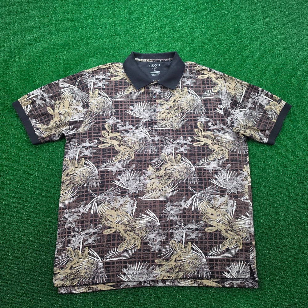 IZOD Golf Polo Shirt Mens Large‎ Brown White Botanical Leaf Pattern Cotton AOP